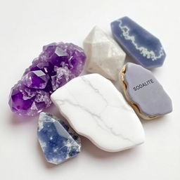 An artfully arranged display of various crystal stones including Amethyst, Howlite, and Sodalite