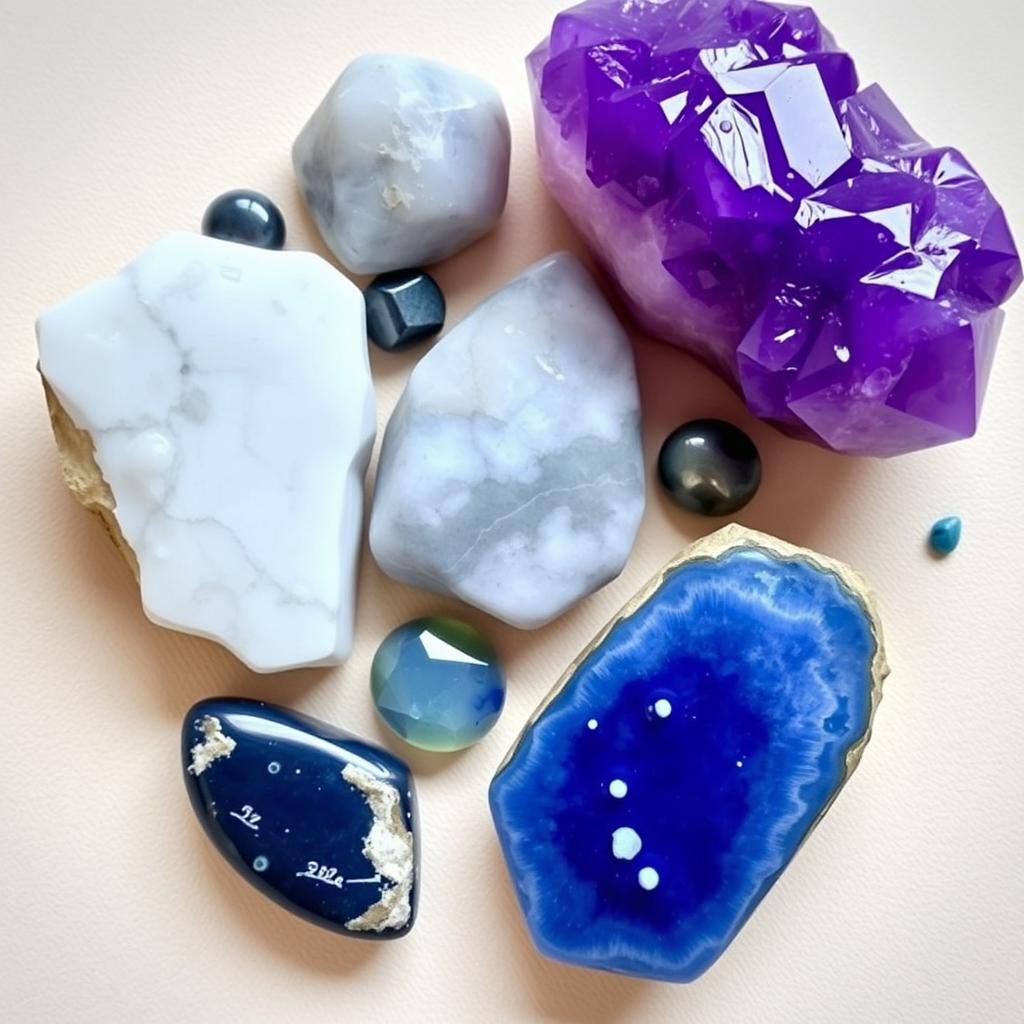 An artfully arranged display of various crystal stones including Amethyst, Howlite, and Sodalite