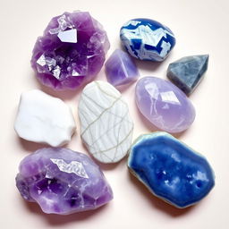 An artfully arranged display of various crystal stones including Amethyst, Howlite, and Sodalite