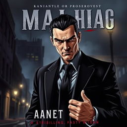 A book cover featuring a mafia thug character, with a dark and moody atmosphere