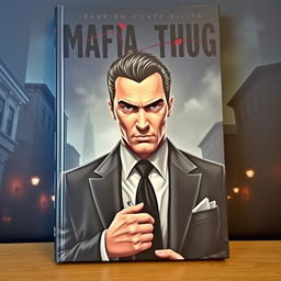 A book cover featuring a mafia thug character, with a dark and moody atmosphere