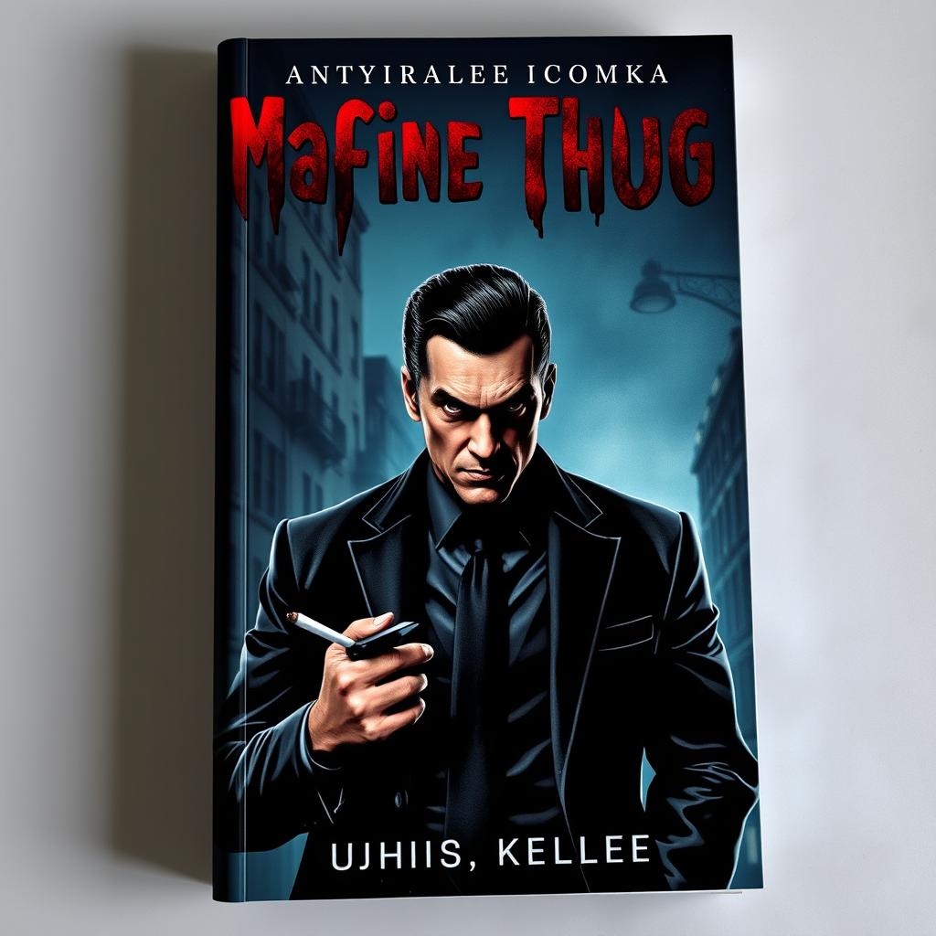 A book cover featuring a mafia thug character, with a dark and moody atmosphere