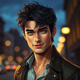 A portrait of a handsome stalker character, featuring a charismatic young man with tousled dark hair and piercing blue eyes