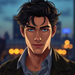 A portrait of a handsome stalker character, featuring a charismatic young man with tousled dark hair and piercing blue eyes