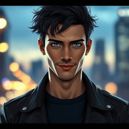 A portrait of a handsome stalker character, featuring a charismatic young man with tousled dark hair and piercing blue eyes