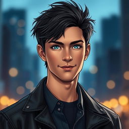 A portrait of a handsome stalker character, featuring a charismatic young man with tousled dark hair and piercing blue eyes