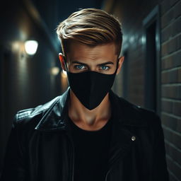 A captivating image of a handsome masked stalker character, featuring a young man with striking features and a mysterious air