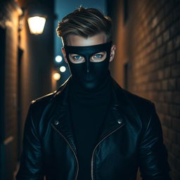 A captivating image of a handsome masked stalker character, featuring a young man with striking features and a mysterious air