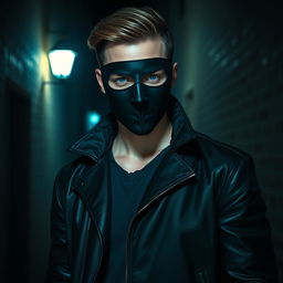 A captivating image of a handsome masked stalker character, featuring a young man with striking features and a mysterious air