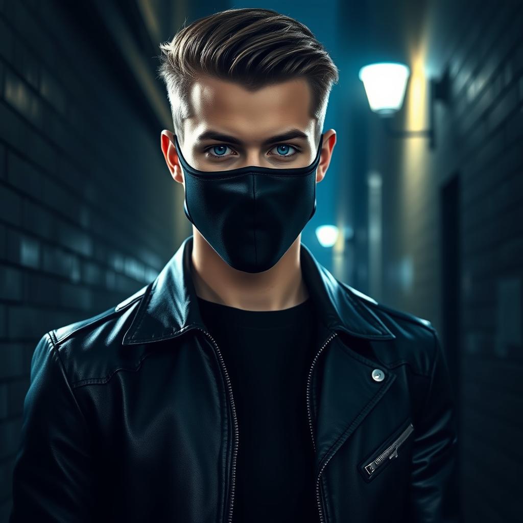 A captivating image of a handsome masked stalker character, featuring a young man with striking features and a mysterious air