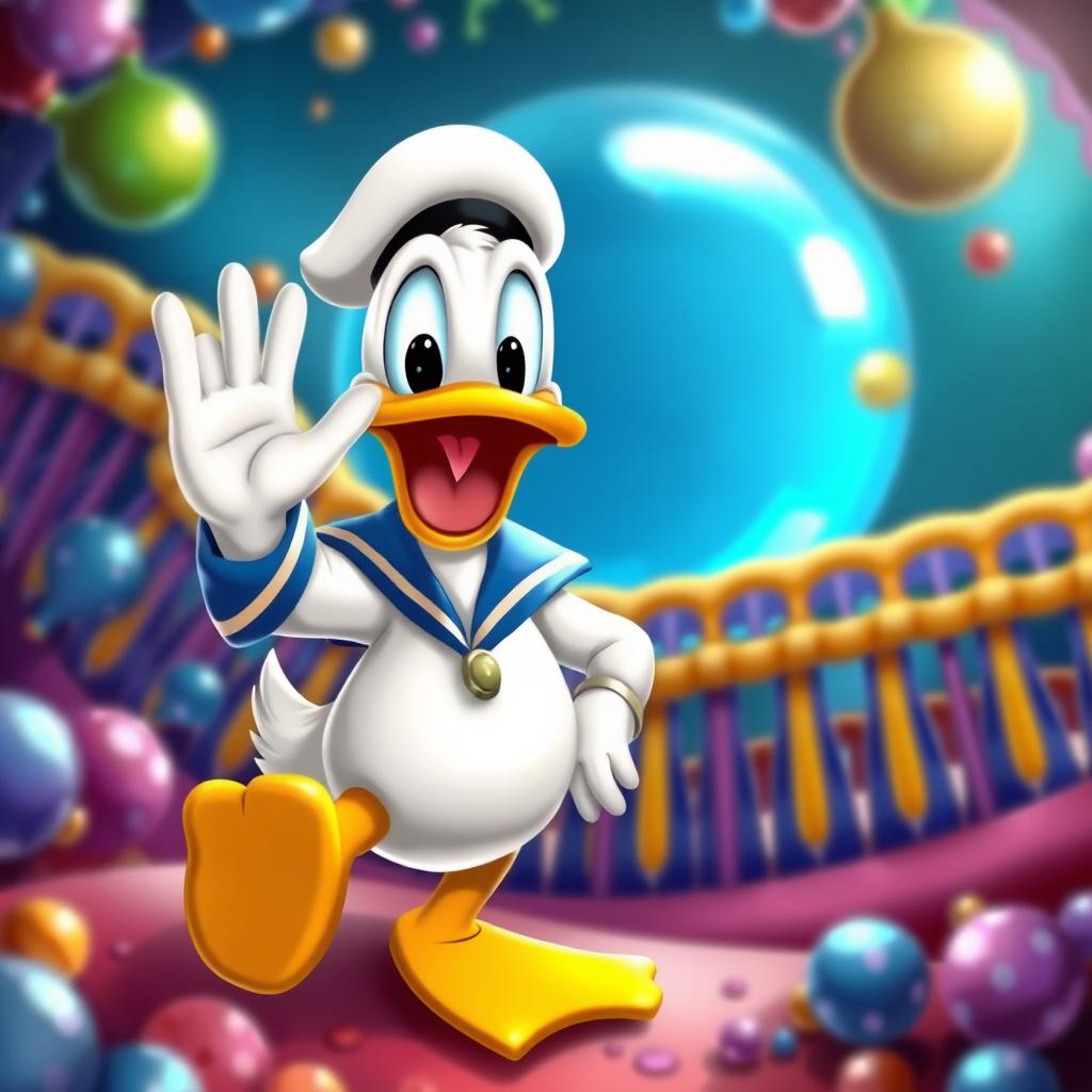 A cute and endearing depiction of Donald Duck waving sweetly at a colorful cell membrane structure