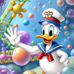 A cute and endearing depiction of Donald Duck waving sweetly at a colorful cell membrane structure