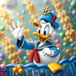 A cute and endearing depiction of Donald Duck waving sweetly at a colorful cell membrane structure