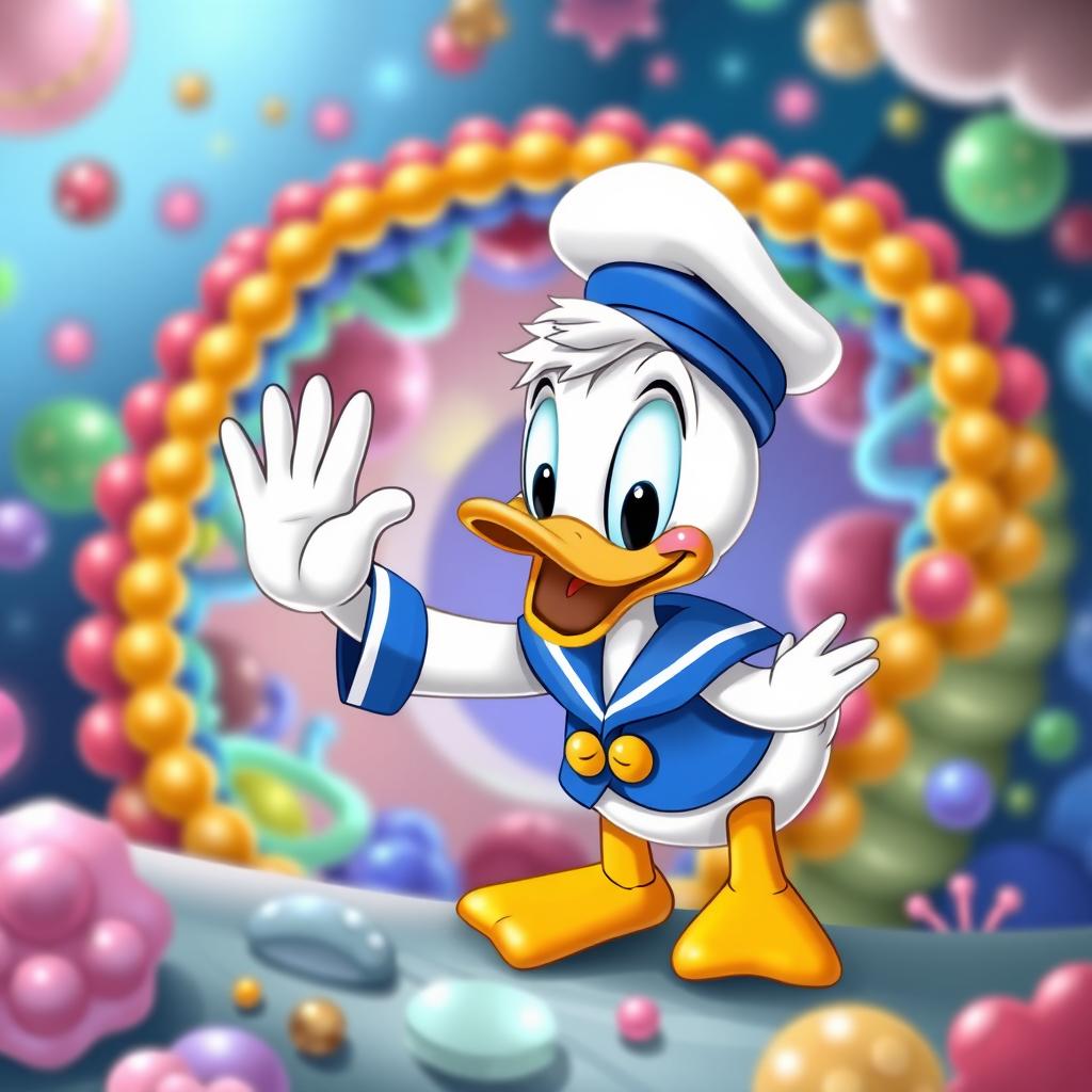 A cute and endearing depiction of Donald Duck waving sweetly at a colorful cell membrane structure