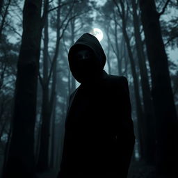 An enigmatic image of a masked stalker figure, shrouded in mystery, standing in a dark, dense forest