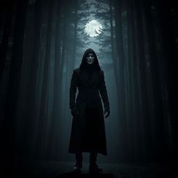 An enigmatic image of a masked stalker figure, shrouded in mystery, standing in a dark, dense forest