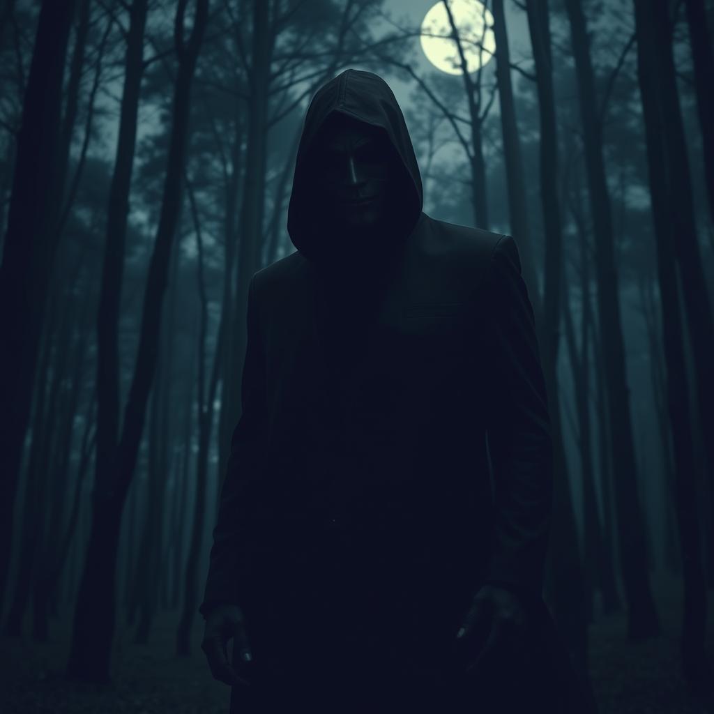 An enigmatic image of a masked stalker figure, shrouded in mystery, standing in a dark, dense forest