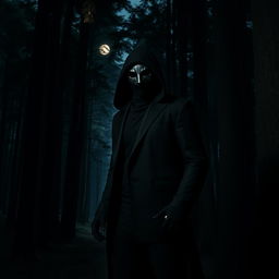 An enigmatic image of a masked stalker figure, shrouded in mystery, standing in a dark, dense forest