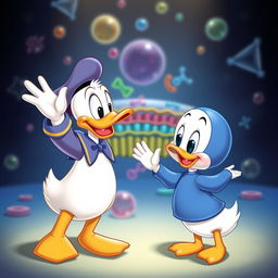 A heartwarming scene of Donald Duck and a cute cartoon character, both facing each other with friendly expressions