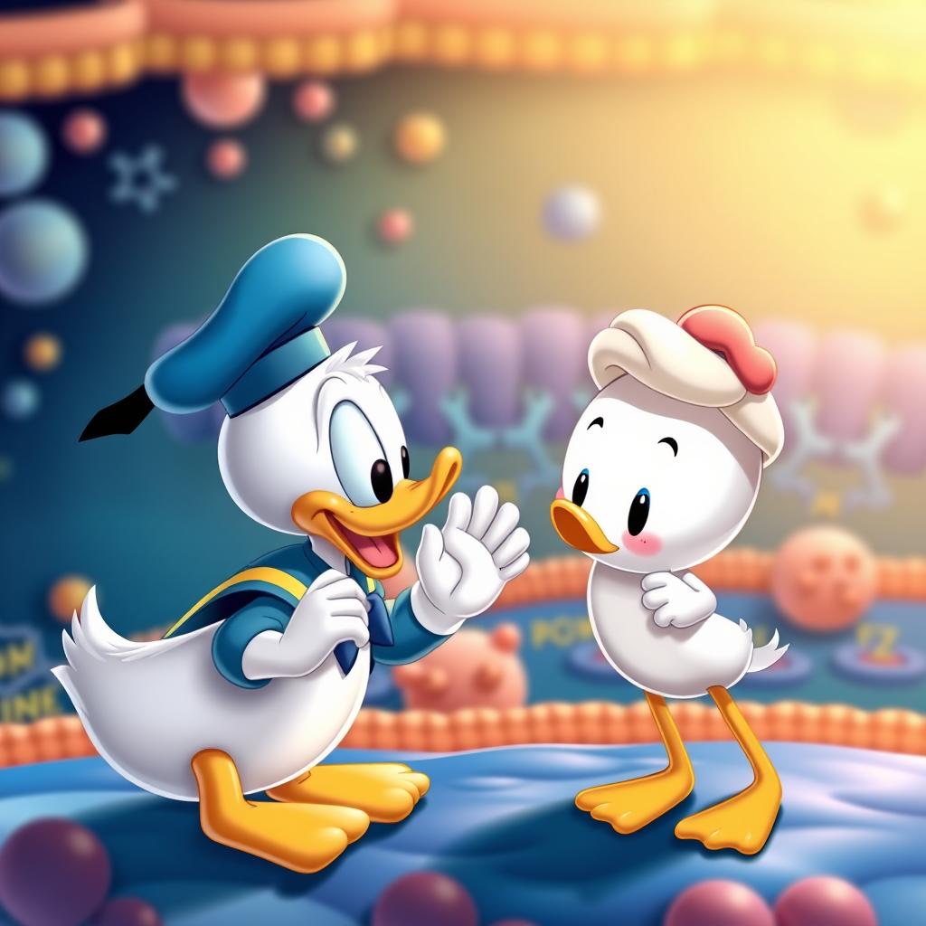 A heartwarming scene of Donald Duck and a cute cartoon character, both facing each other with friendly expressions