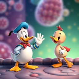 A heartwarming scene of Donald Duck and a cute cartoon character, both facing each other with friendly expressions