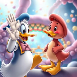 A heartwarming scene of Donald Duck and a cute cartoon character, both facing each other with friendly expressions