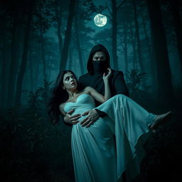 An intense and mysterious scene featuring a masked stalker character holding a woman in a dark, dense forest