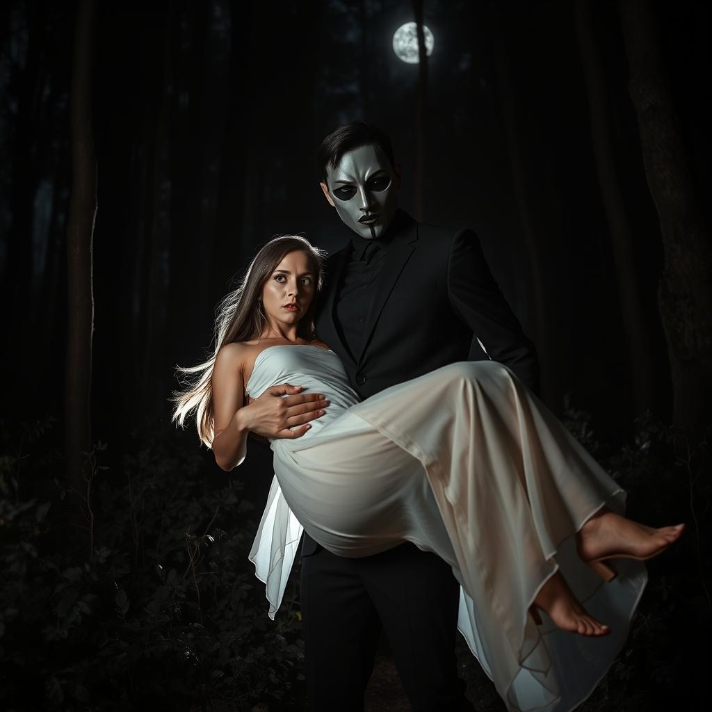 An intense and mysterious scene featuring a masked stalker character holding a woman in a dark, dense forest