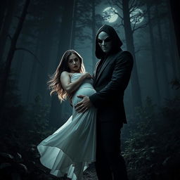 An intense and mysterious scene featuring a masked stalker character holding a woman in a dark, dense forest