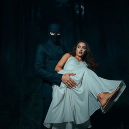 An intense and mysterious scene featuring a masked stalker character holding a woman in a dark, dense forest