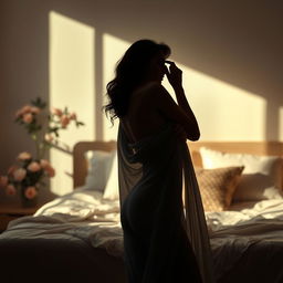 A sensual, artistic depiction of a self-exploration scene, featuring a graceful silhouette of a woman in a soft, dimly lit room, embracing her body with an air of confidence