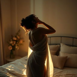 A sensual, artistic depiction of a self-exploration scene, featuring a graceful silhouette of a woman in a soft, dimly lit room, embracing her body with an air of confidence