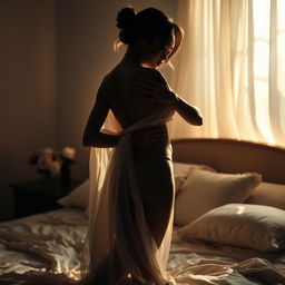 A sensual, artistic depiction of a self-exploration scene, featuring a graceful silhouette of a woman in a soft, dimly lit room, embracing her body with an air of confidence