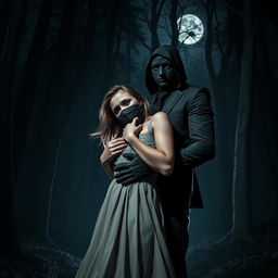 A dramatic and mysterious scene featuring a masked stalker character in a dark forest, holding a woman who is gagged