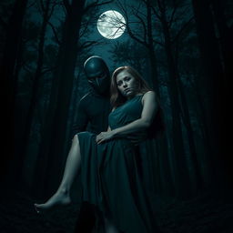 A dramatic and mysterious scene featuring a masked stalker character in a dark forest, holding a woman who is gagged