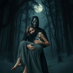 A dramatic and mysterious scene featuring a masked stalker character in a dark forest, holding a woman who is gagged