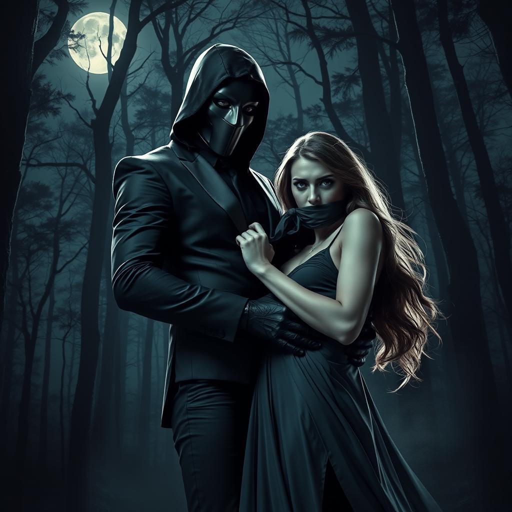 A dramatic and mysterious scene featuring a masked stalker character in a dark forest, holding a woman who is gagged