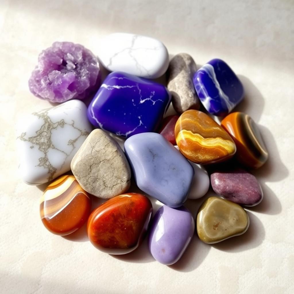 A stunning arrangement of various crystal tumble stones, including Amethyst, Howlite, Sodalite, Turitella, Mookaite, Lepidolite, and Tiger's Eye