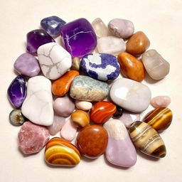 A stunning arrangement of various crystal tumble stones, including Amethyst, Howlite, Sodalite, Turitella, Mookaite, Lepidolite, and Tiger's Eye