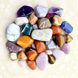 A stunning arrangement of various crystal tumble stones, including Amethyst, Howlite, Sodalite, Turitella, Mookaite, Lepidolite, and Tiger's Eye