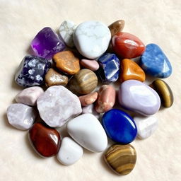 A stunning arrangement of various crystal tumble stones, including Amethyst, Howlite, Sodalite, Turitella, Mookaite, Lepidolite, and Tiger's Eye