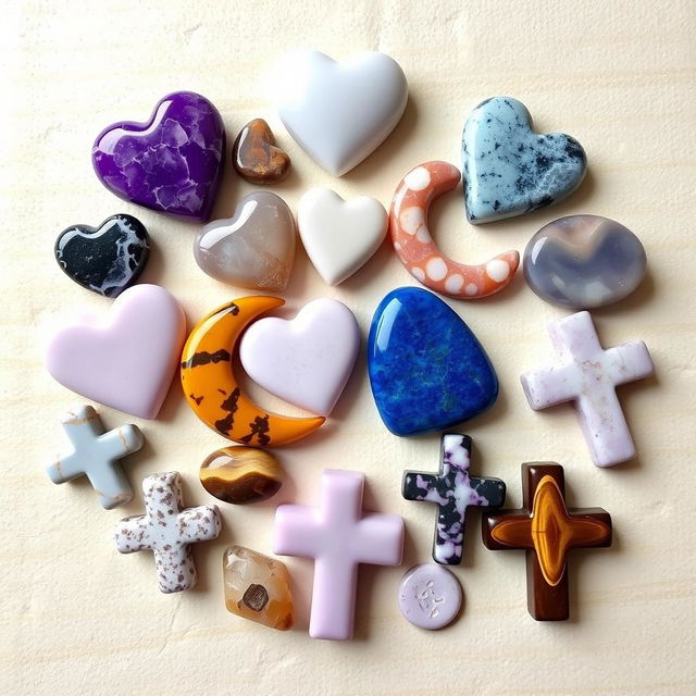 A delightful array of different crystal tumble stones shaped like hearts, moons, and crosses, featuring Amethyst, Howlite, Sodalite, Turitella, Mookaite, Lepidolite, and Tiger's Eye