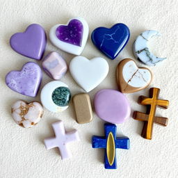 A delightful array of different crystal tumble stones shaped like hearts, moons, and crosses, featuring Amethyst, Howlite, Sodalite, Turitella, Mookaite, Lepidolite, and Tiger's Eye