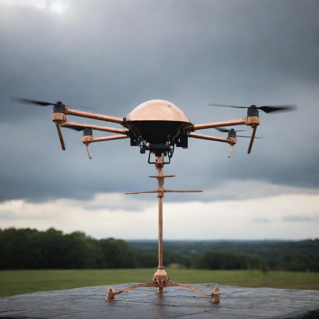 A menacing weathervane-style drone crafted from rich, polished copper, standing in an ominous stance, ready for action.