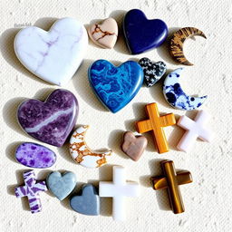 A delightful array of different crystal tumble stones shaped like hearts, moons, and crosses, featuring Amethyst, Howlite, Sodalite, Turitella, Mookaite, Lepidolite, and Tiger's Eye