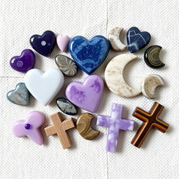 A delightful array of different crystal tumble stones shaped like hearts, moons, and crosses, featuring Amethyst, Howlite, Sodalite, Turitella, Mookaite, Lepidolite, and Tiger's Eye