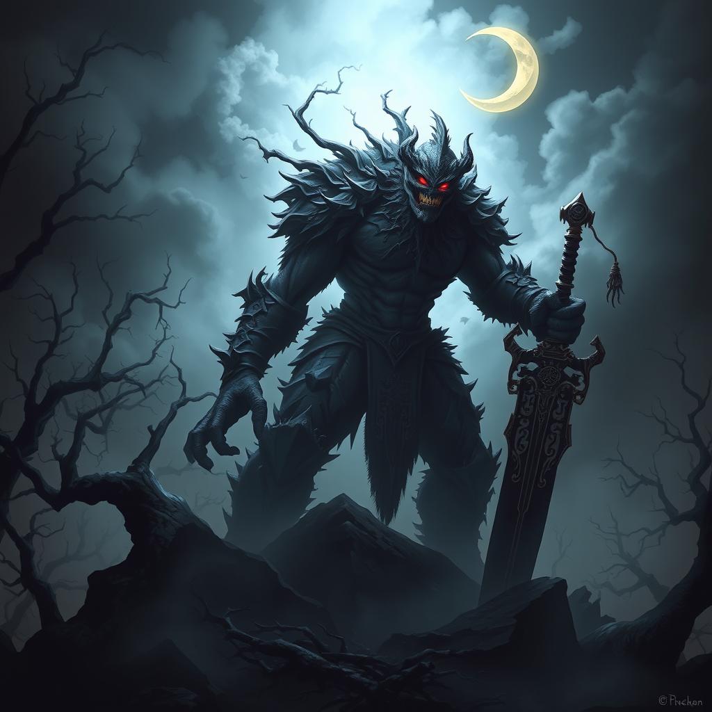 A monstrous figure representing the 'King of the Night Shadows,' towering over a dark, misty landscape