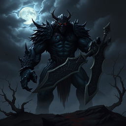 A monstrous figure representing the 'King of the Night Shadows,' towering over a dark, misty landscape