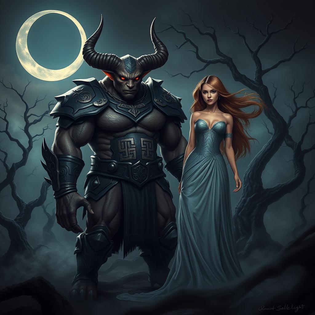 A striking scene featuring a horned monstrous figure, embodying the 'King of the Night Shadows,' standing tall and confident