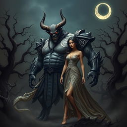 A striking scene featuring a horned monstrous figure, embodying the 'King of the Night Shadows,' standing tall and confident